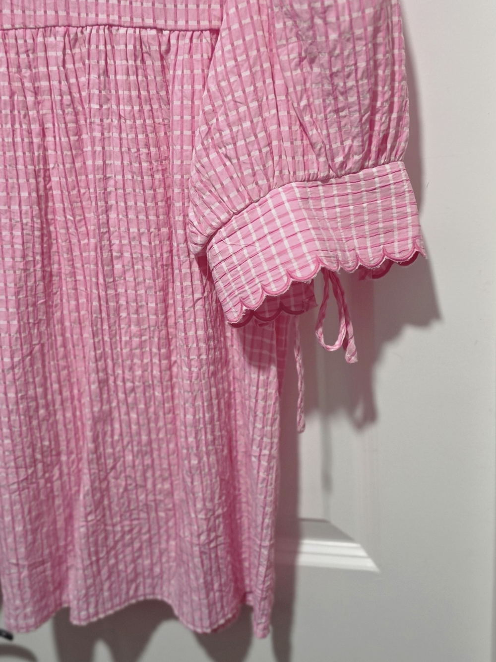 entro Pink Gingham Ruffle Neck Puff Sleeve Blouse - Picture 5 of 5